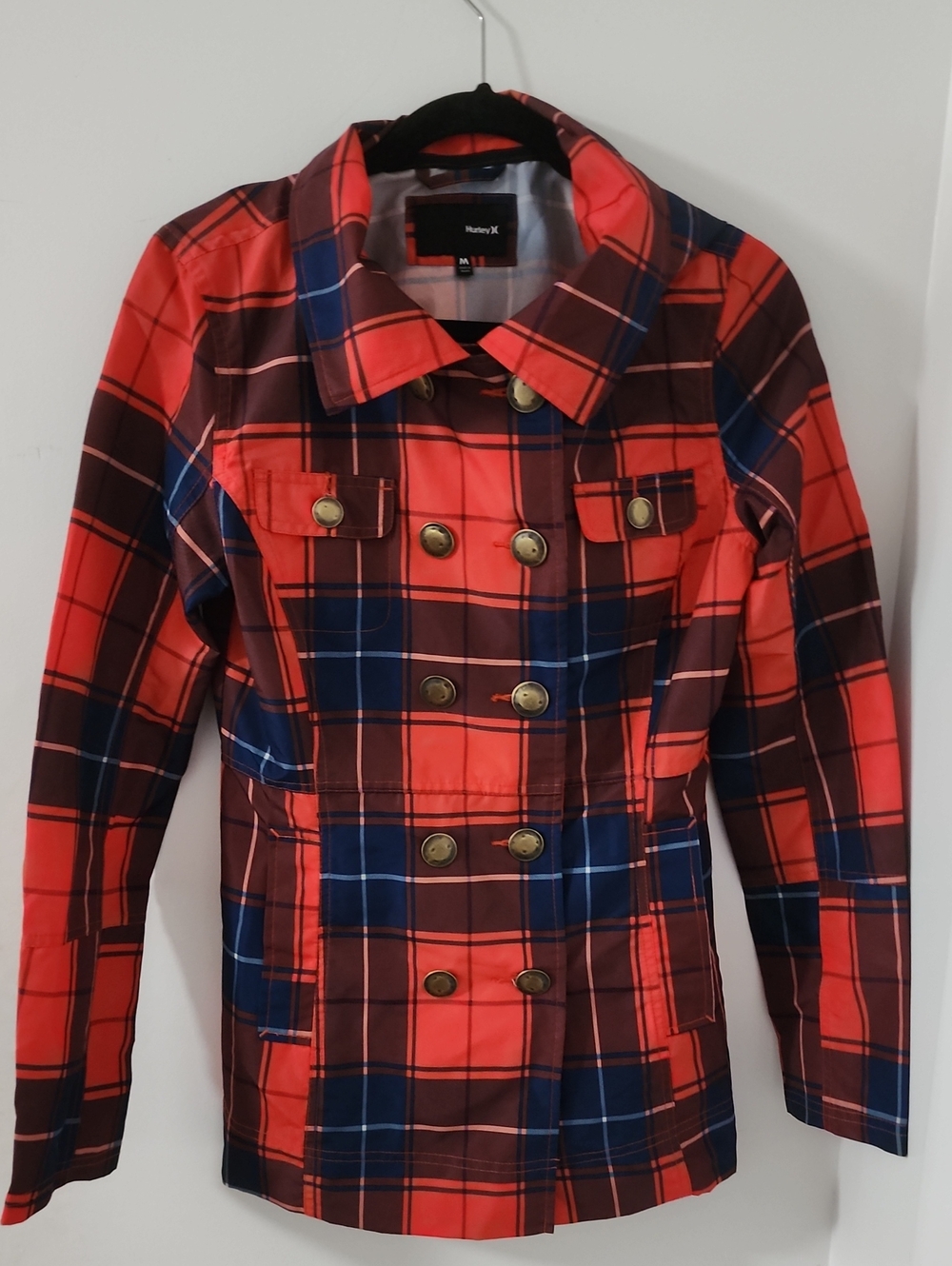 Hurley Red and Navy Plaid Double-Breasted Pea Coat